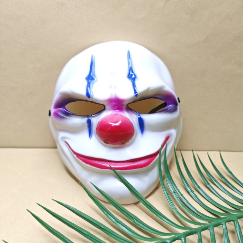 Hororová maska klauna s červeným nosom inšpirovaná hrou Payday 2 na cosplay a párty líčenie