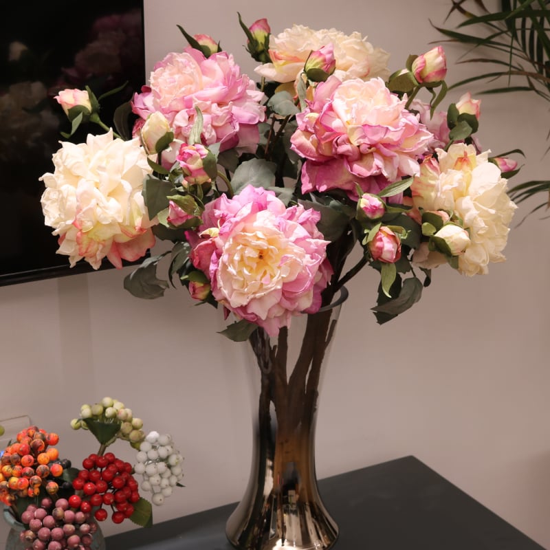 Τεχνημένο peony με τέσσερα άνθη, γαλλικού στυλ καμένο άκρο σε ελαιογραφία, πολυτελής διακοσμητικός μπουκέτο για σαλόνι