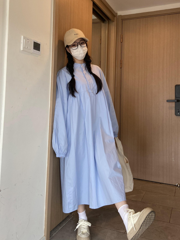 Rochie de maternitate albastră, mărime mare, croială lejeră, acoperă burta, rochie-bluză cu mâneci lungi