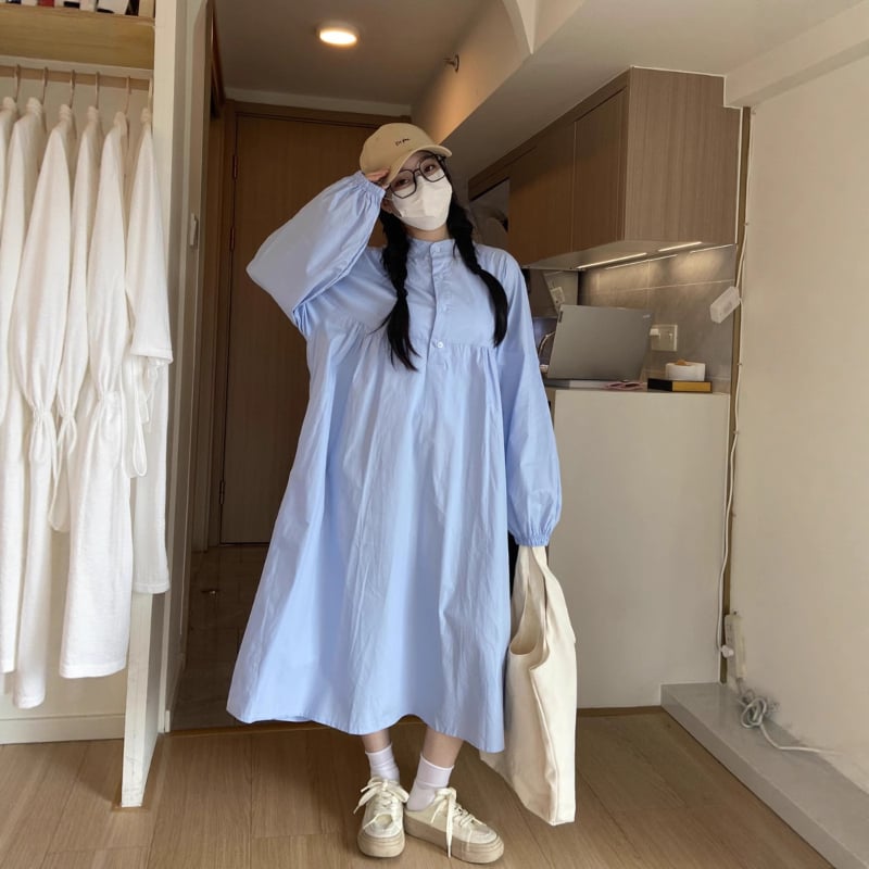 Rochie de maternitate albastră, mărime mare, croială lejeră, acoperă burta, rochie-bluză cu mâneci lungi