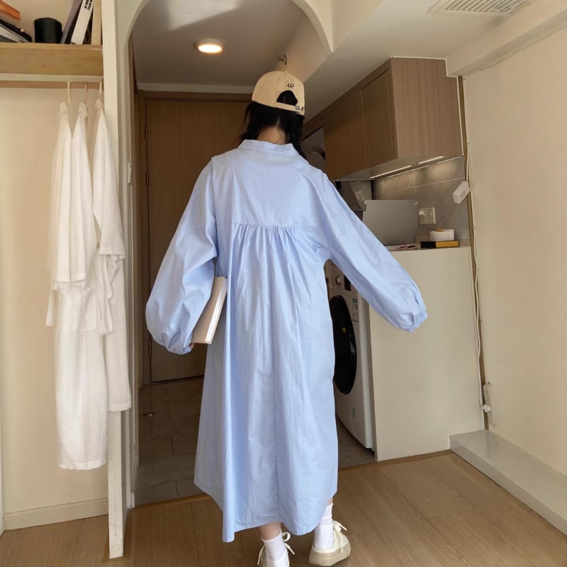 Rochie de maternitate albastră, mărime mare, croială lejeră, acoperă burta, rochie-bluză cu mâneci lungi