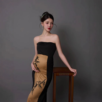 Tehotenské fotošaty v štýle cheongsam v čínskom štýle, bez rukávov, dlhá sukňa, zmes vlny