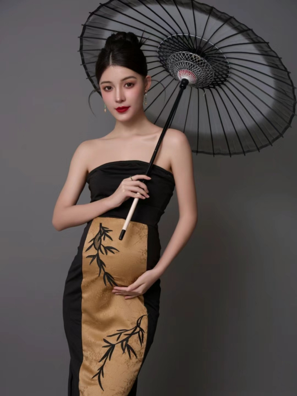 Tehotenské fotošaty v štýle cheongsam v čínskom štýle, bez rukávov, dlhá sukňa, zmes vlny
