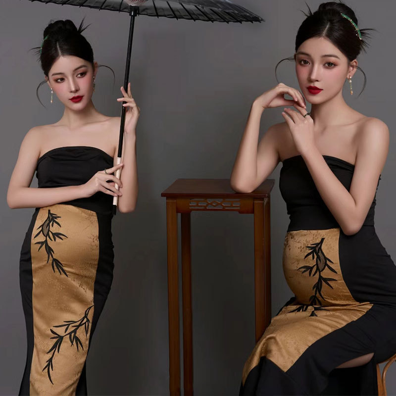 Tehotenské fotošaty v štýle cheongsam v čínskom štýle, bez rukávov, dlhá sukňa, zmes vlny