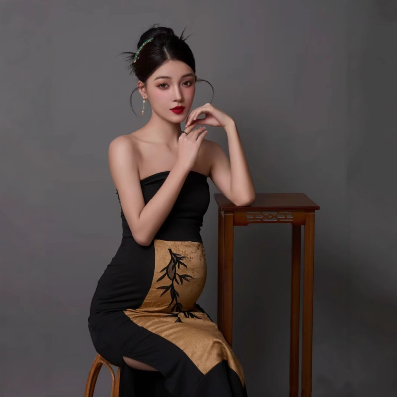 Tehotenské fotošaty v štýle cheongsam v čínskom štýle, bez rukávov, dlhá sukňa, zmes vlny