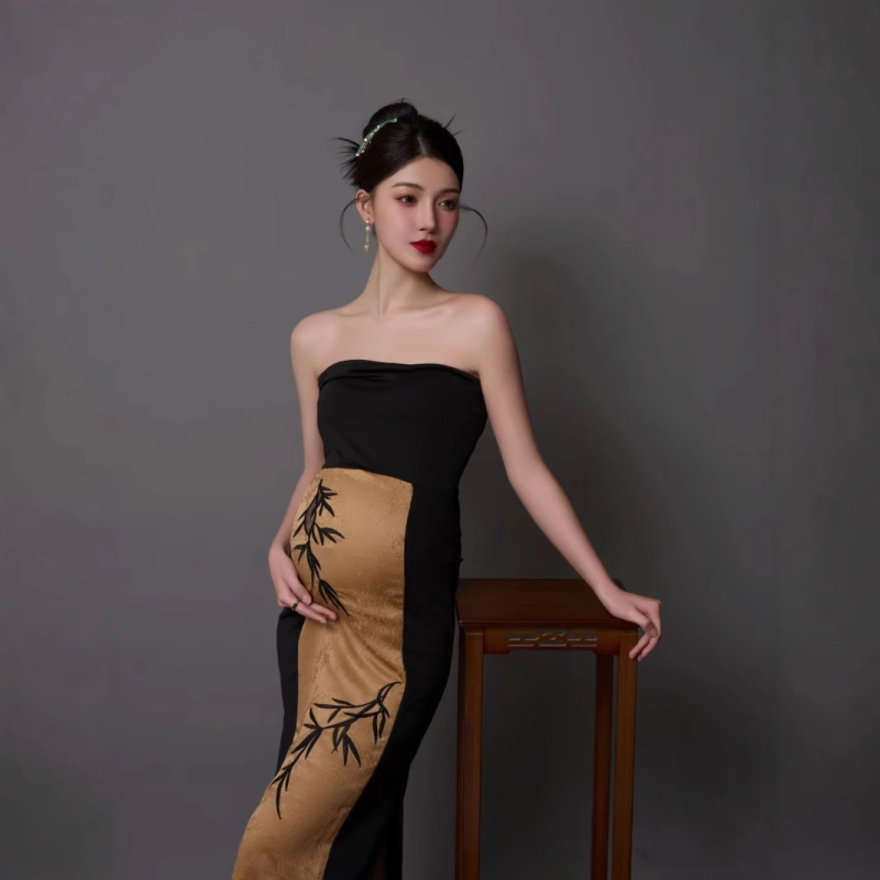 Tehotenské fotošaty v štýle cheongsam v čínskom štýle, bez rukávov, dlhá sukňa, zmes vlny