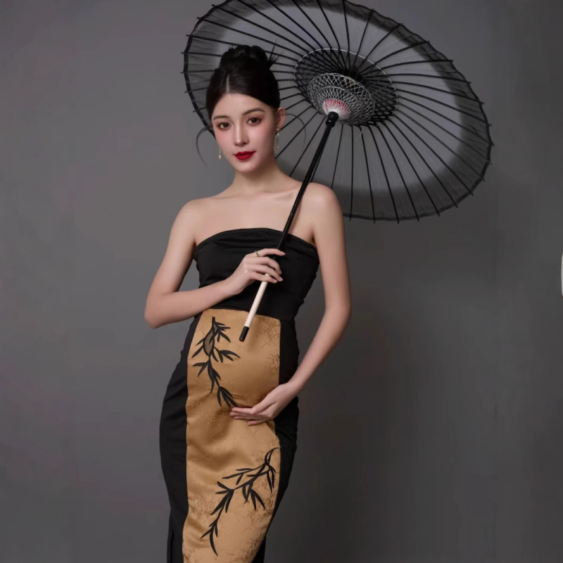 Tehotenské fotošaty v štýle cheongsam v čínskom štýle, bez rukávov, dlhá sukňa, zmes vlny