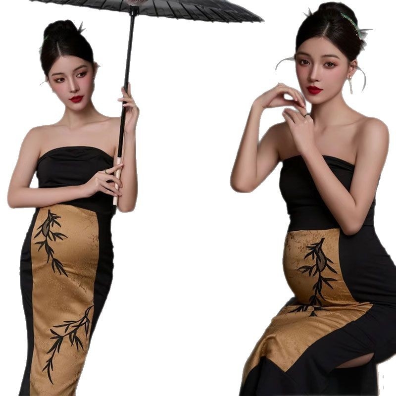 Tehotenské fotošaty v štýle cheongsam v čínskom štýle, bez rukávov, dlhá sukňa, zmes vlny
