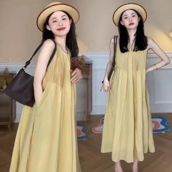 Rochie de maternitate fără mâneci, de vară, cu decolteu rotund, plisată, în croială A-line, lungă