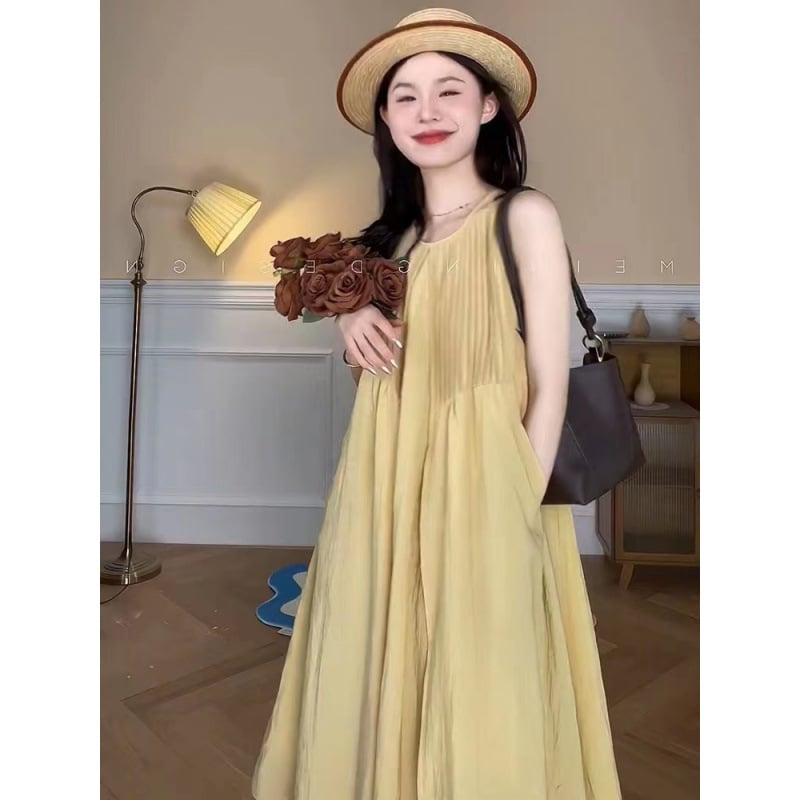 Rochie de maternitate fără mâneci, de vară, cu decolteu rotund, plisată, în croială A-line, lungă