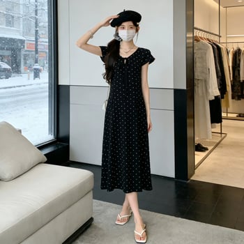 Rochie de maternitate de vară, cu buline, croială A-line lungă, croială lejeră, ascunde burtica, acces de alăptare, decolteu în V, mâneci scurte, poliester