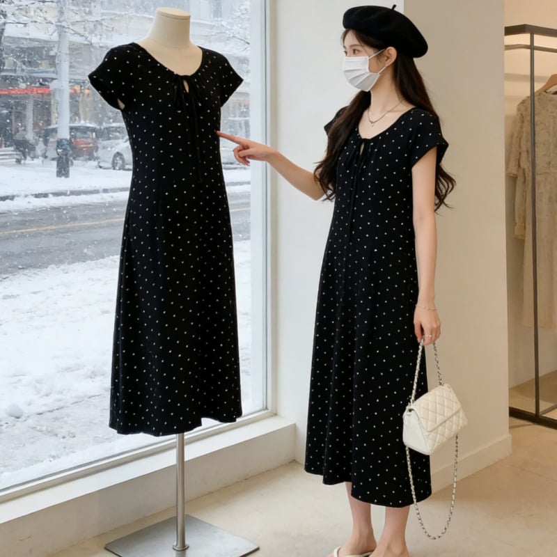 Rochie de maternitate de vară, cu buline, croială A-line lungă, croială lejeră, ascunde burtica, acces de alăptare, decolteu în V, mâneci scurte, poliester