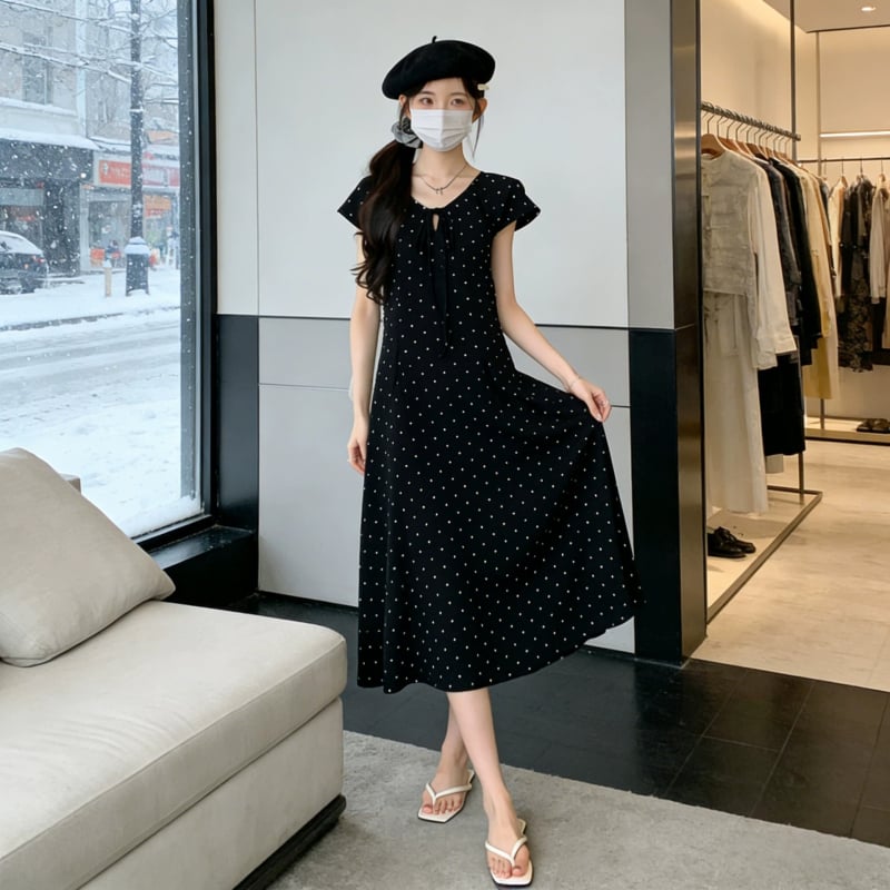 Rochie de maternitate de vară, cu buline, croială A-line lungă, croială lejeră, ascunde burtica, acces de alăptare, decolteu în V, mâneci scurte, poliester