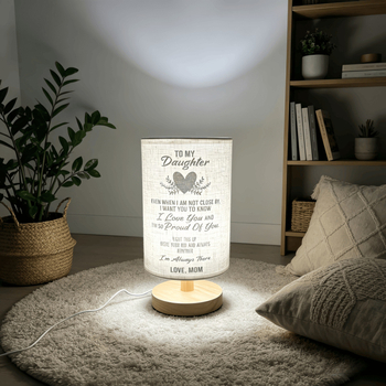 Lányának szóló asztali lámpa lenvászon árnyékolóval, szívhez szóló idézetek, háromszínű LED világítás, modern minimalistikus éjjeliszekrény lámpa