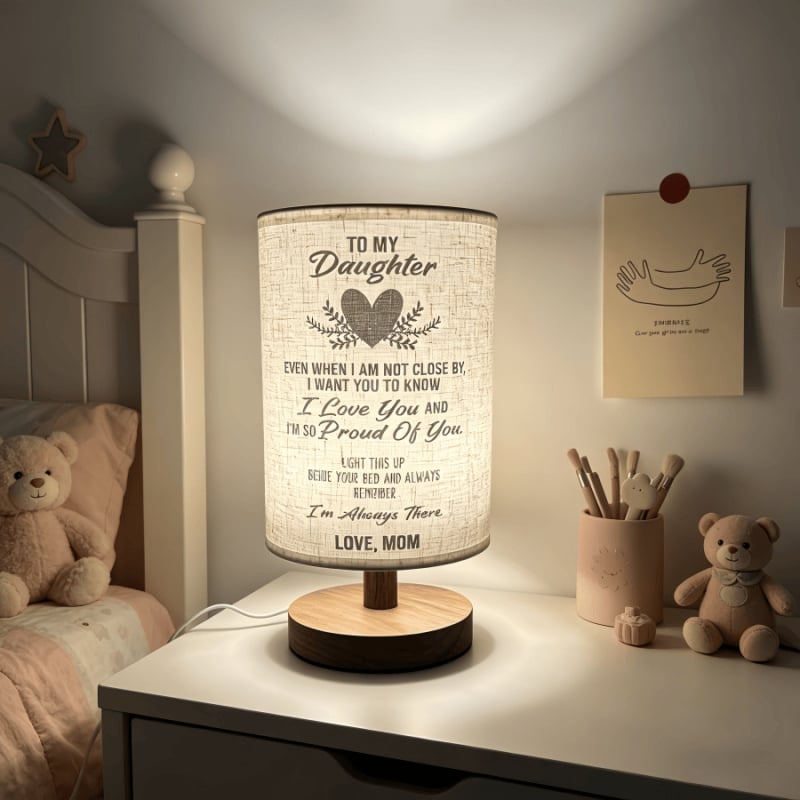 Lányának szóló asztali lámpa lenvászon árnyékolóval, szívhez szóló idézetek, háromszínű LED világítás, modern minimalistikus éjjeliszekrény lámpa
