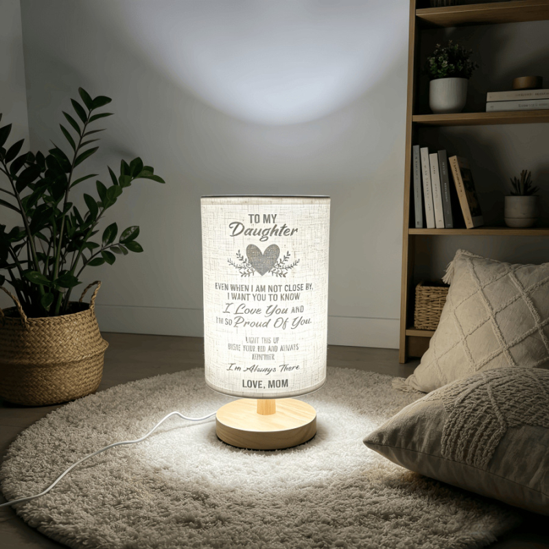 Lányának szóló asztali lámpa lenvászon árnyékolóval, szívhez szóló idézetek, háromszínű LED világítás, modern minimalistikus éjjeliszekrény lámpa