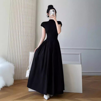 Elegáns fekete ruha nőknek, őszi-téli kollekció, Hepburn-stílus, derékban karcsúsító, hosszú ruha