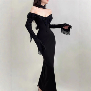 2025-ös új Hepburn-stílusú fekete egyvállas ruha nőknek, francia stílus, hosszú, elegáns estélyi ruha