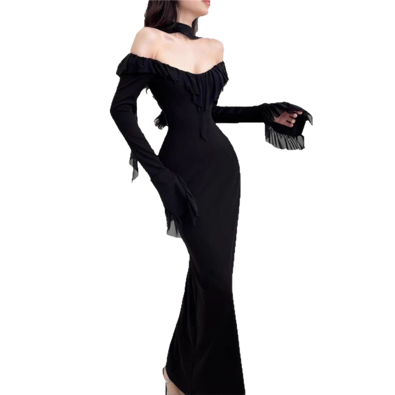 2025-ös új Hepburn-stílusú fekete egyvállas ruha nőknek, francia stílus, hosszú, elegáns estélyi ruha