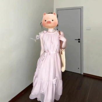 Rózsaszín nyakpántos ujjatlan ruha, hosszú, tengerparti nyaraláshoz, fényes és gyönyörű, elegáns megjelenés
