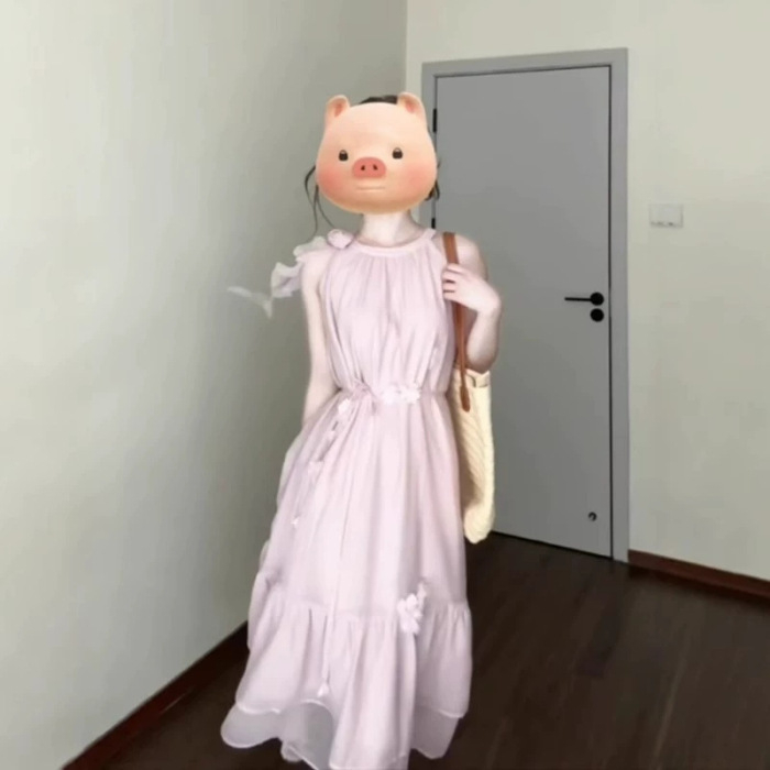 Rózsaszín nyakpántos ujjatlan ruha, hosszú, tengerparti nyaraláshoz, fényes és gyönyörű, elegáns megjelenés