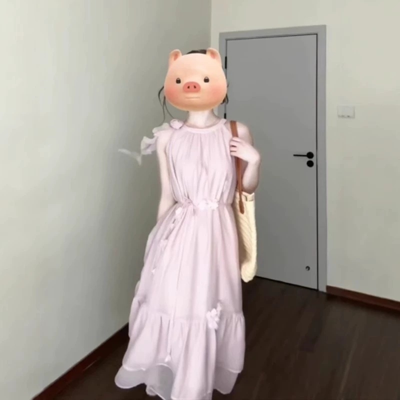 Rózsaszín nyakpántos ujjatlan ruha, hosszú, tengerparti nyaraláshoz, fényes és gyönyörű, elegáns megjelenés