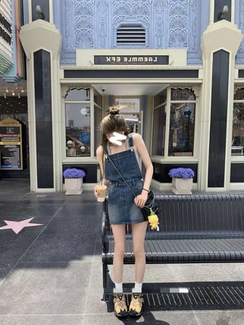 Denim anyagú válltartós szoknya, A-vonalú szabás, magas derék, rövid, retro utcai stílus nőknek