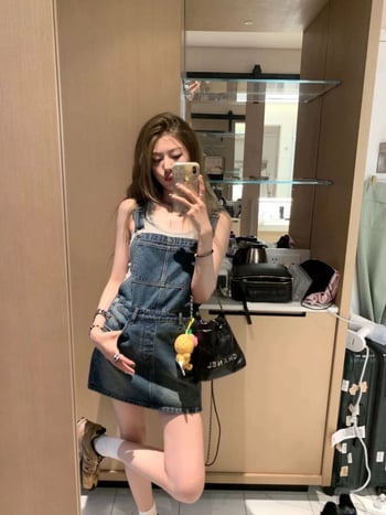 Denim anyagú válltartós szoknya, A-vonalú szabás, magas derék, rövid, retro utcai stílus nőknek