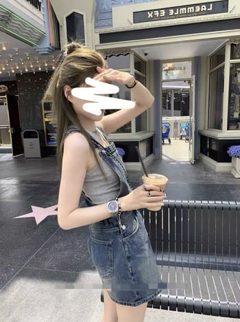 Denim anyagú válltartós szoknya, A-vonalú szabás, magas derék, rövid, retro utcai stílus nőknek