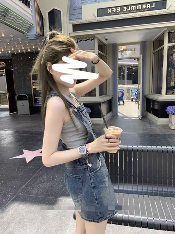 Denim anyagú válltartós szoknya, A-vonalú szabás, magas derék, rövid, retro utcai stílus nőknek