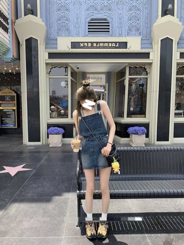 Denim anyagú válltartós szoknya, A-vonalú szabás, magas derék, rövid, retro utcai stílus nőknek