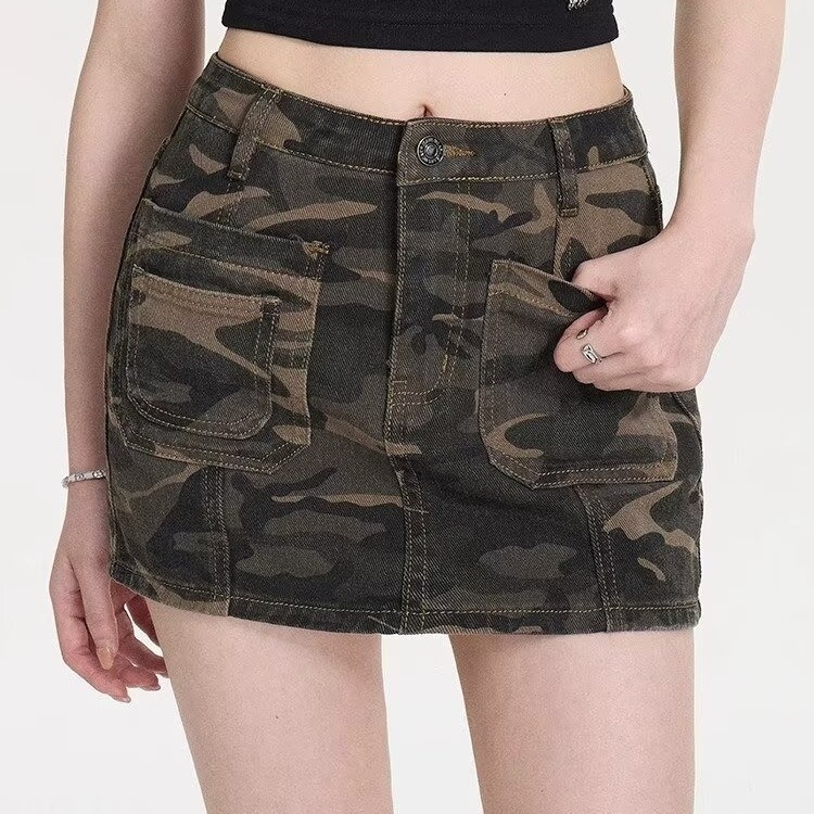 Μίνι φούστα τζιν με ψηλή μέση Nuxin American Style, νέα καλοκαιρινή φούστα καμουφλάζ σε γραμμή Α, Bodycon για γυναίκες