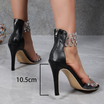 Sandale noi pentru femei 2025 cu toc mediu și barete, tocuri înalte transparente sexy, cu vârf deschis, pantofi eleganti pentru femei