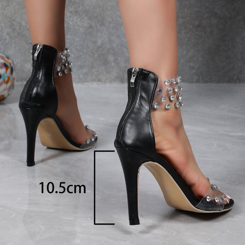 Sandale noi pentru femei 2025 cu toc mediu și barete, tocuri înalte transparente sexy, cu vârf deschis, pantofi eleganti pentru femei