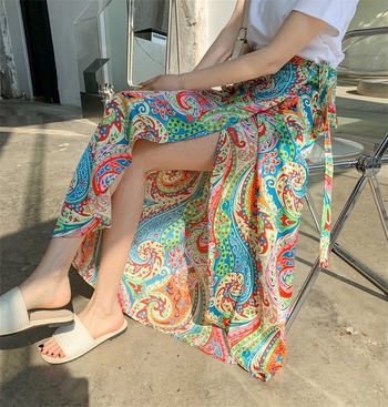 Thai stílusú nyaralós midi szoknya, új tavaszi/nyári fazon, strandszoknya, egyrészes szoknya hasítékkal, virágmintás sifon maxi szoknya