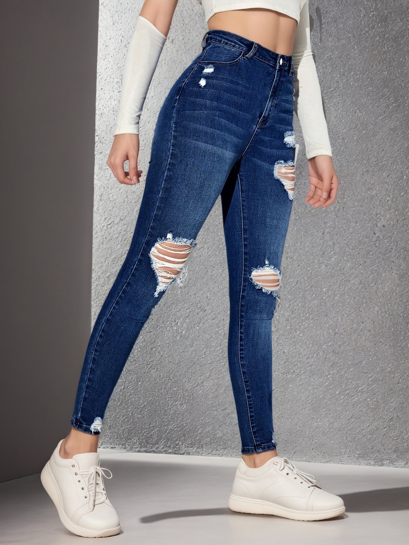 Blugi rupți în stil european și american de stradă pentru femei, toamnă 2025, croială slim, pantaloni creion casual, la modă