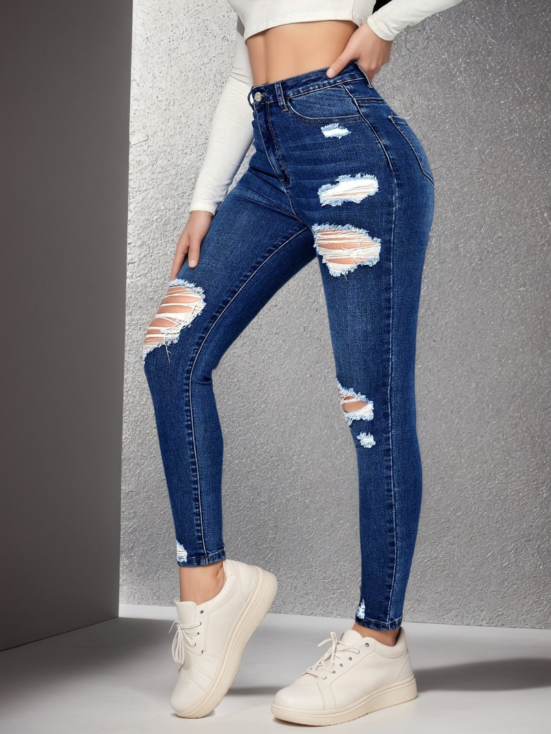 Blugi rupți în stil european și american de stradă pentru femei, toamnă 2025, croială slim, pantaloni creion casual, la modă