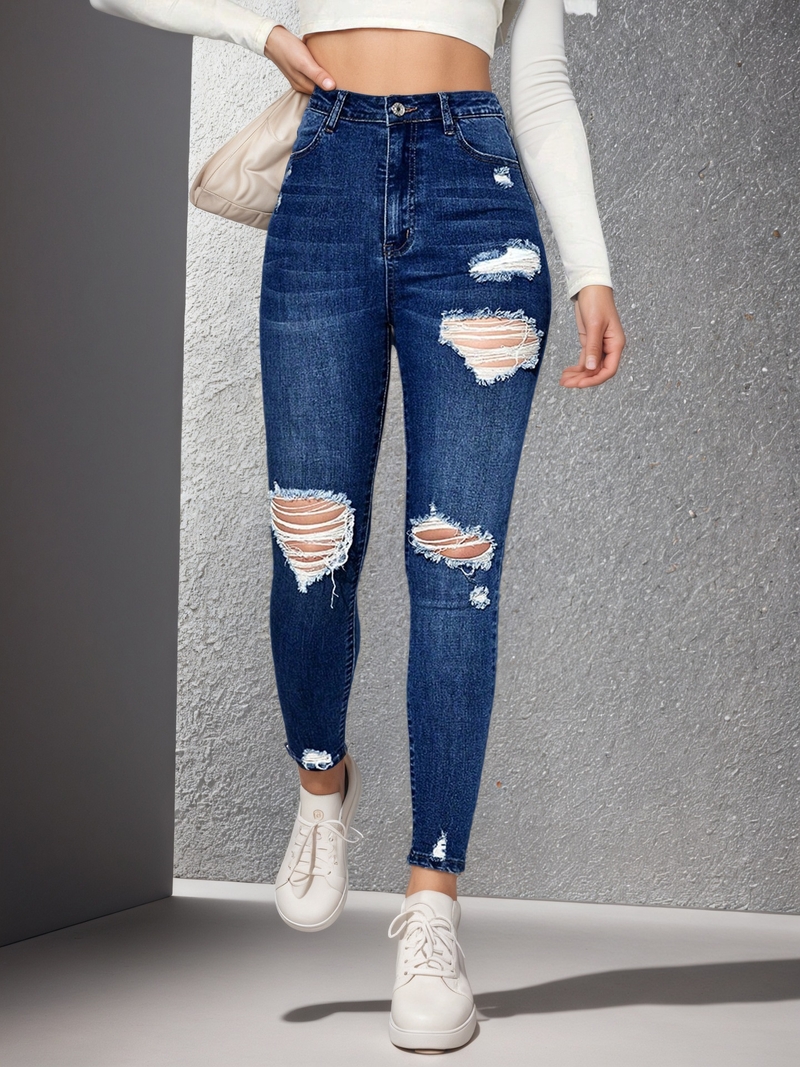Blugi rupți în stil european și american de stradă pentru femei, toamnă 2025, croială slim, pantaloni creion casual, la modă