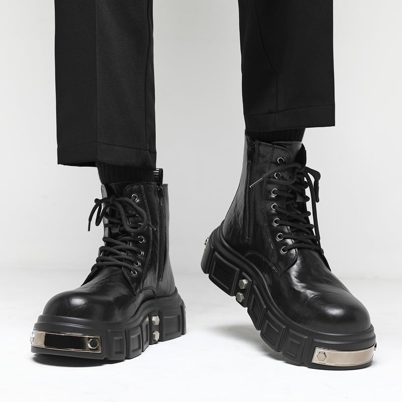 Férfi Martin csizma platform, magas sarkú motoros csizma cipzárral, brit magasságnövelő csizma, új punk félvádlis csizma 