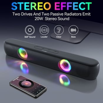 Ηχείο Bluetooth T-WOLF B320 - Μακρύ ηχείο επιτραπέζιου υπολογιστή με βαθιά μπάσα και φωτιζόμενα εφέ φωτισμού RGB