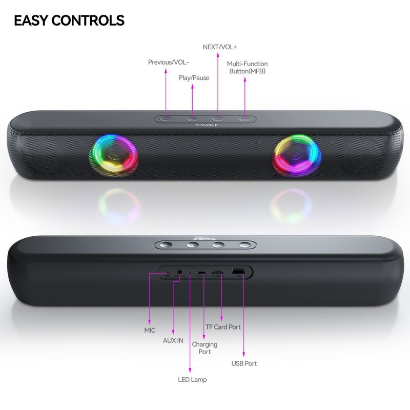 Ηχείο Bluetooth T-WOLF B320 - Μακρύ ηχείο επιτραπέζιου υπολογιστή με βαθιά μπάσα και φωτιζόμενα εφέ φωτισμού RGB