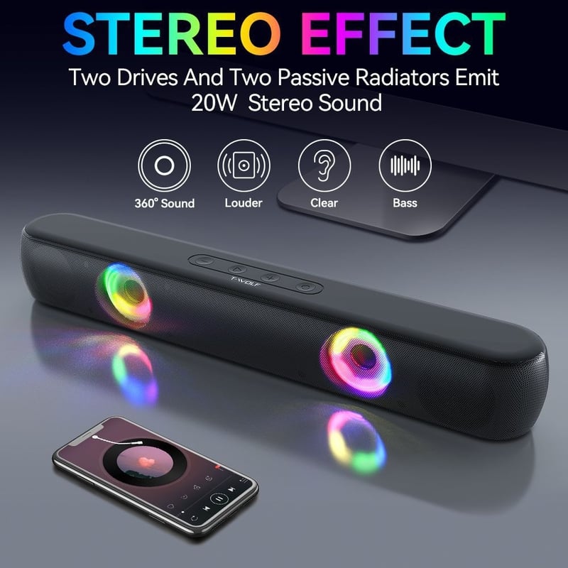 Ηχείο Bluetooth T-WOLF B320 - Μακρύ ηχείο επιτραπέζιου υπολογιστή με βαθιά μπάσα και φωτιζόμενα εφέ φωτισμού RGB