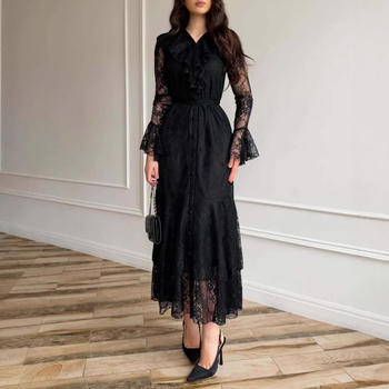 Rochie de femei din dantelă, în stil franțuzesc retro, mâneci lungi, croială în A-line