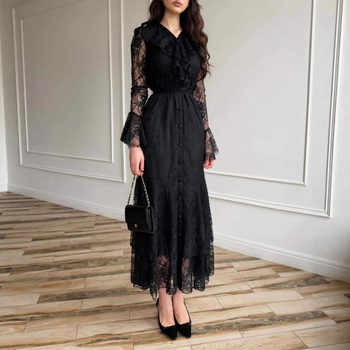 Rochie de femei din dantelă, în stil franțuzesc retro, mâneci lungi, croială în A-line