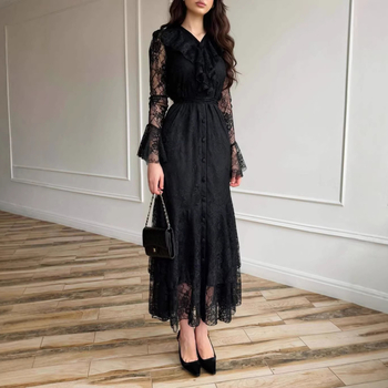 Rochie de femei din dantelă, în stil franțuzesc retro, mâneci lungi, croială în A-line