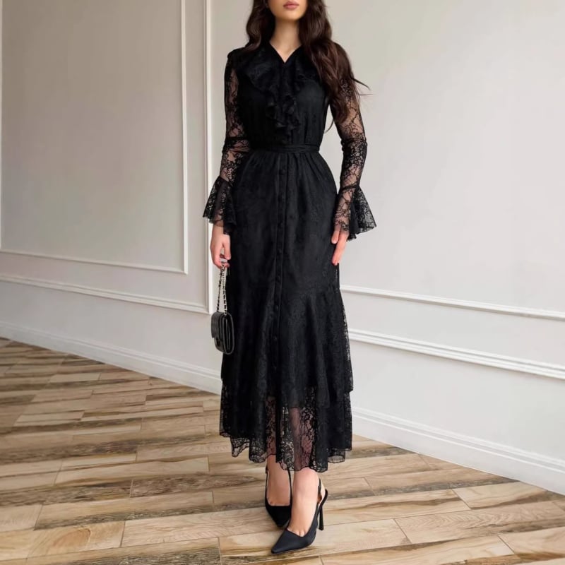 Rochie de femei din dantelă, în stil franțuzesc retro, mâneci lungi, croială în A-line
