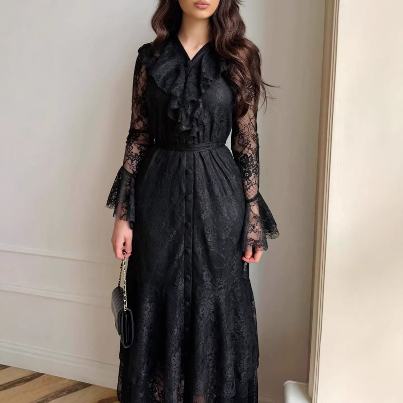 Rochie de femei din dantelă, în stil franțuzesc retro, mâneci lungi, croială în A-line
