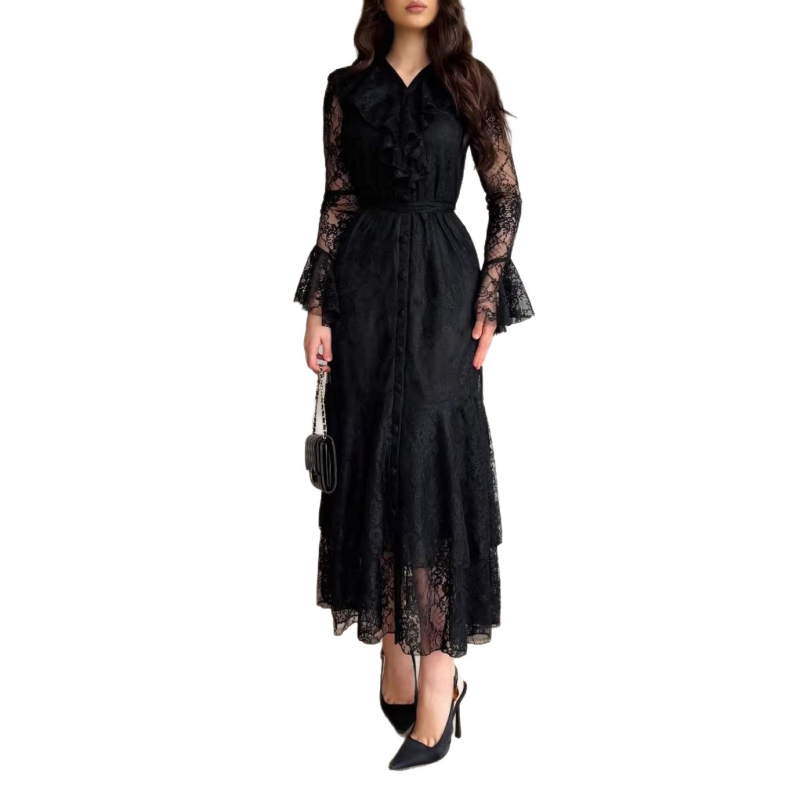 Rochie de femei din dantelă, în stil franțuzesc retro, mâneci lungi, croială în A-line