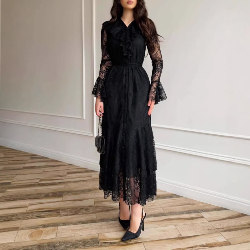 Rochie de femei din dantelă, în stil franțuzesc retro, mâneci lungi, croială în A-line