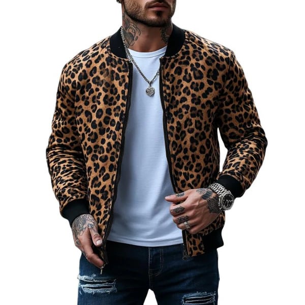 Leopárd mintás zipzáras kabát, laza szabás, kerek gallér, európai-amerikai stílus, ősz 2024